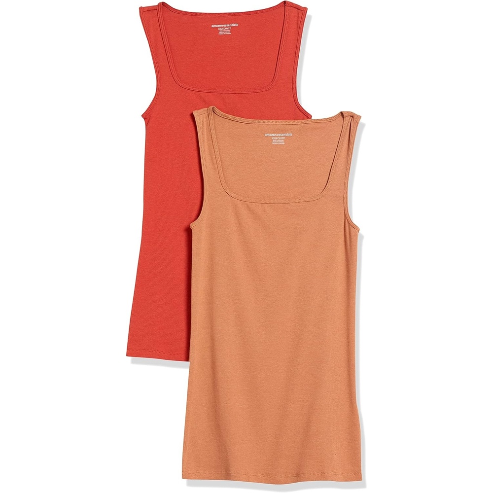 image:imageAmazon Essentials Womens Slim Fit Square Neck Ribbed Tank Tops with Stretch Pack of 2Brick RedLight Caramel