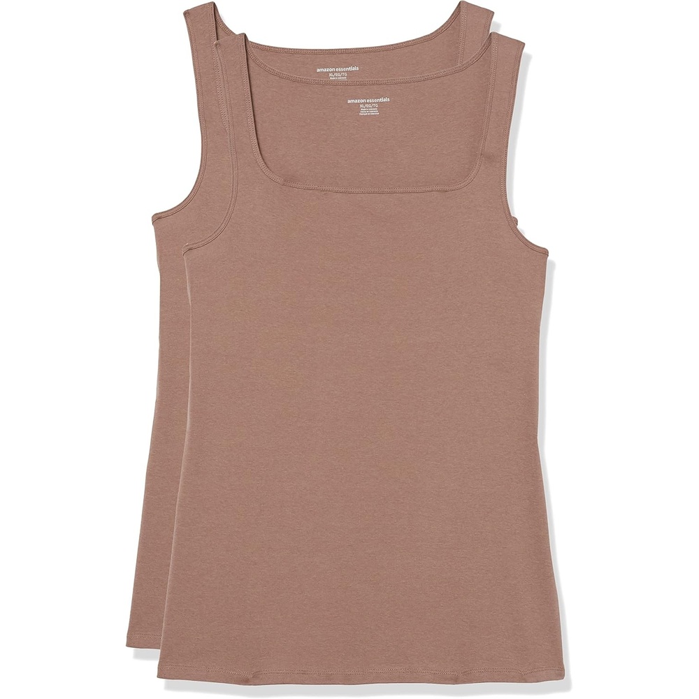 image:imageAmazon Essentials Womens Slim Fit Square Neck Ribbed Tank Tops with Stretch Pack of 2Dark BeigeDark Beige