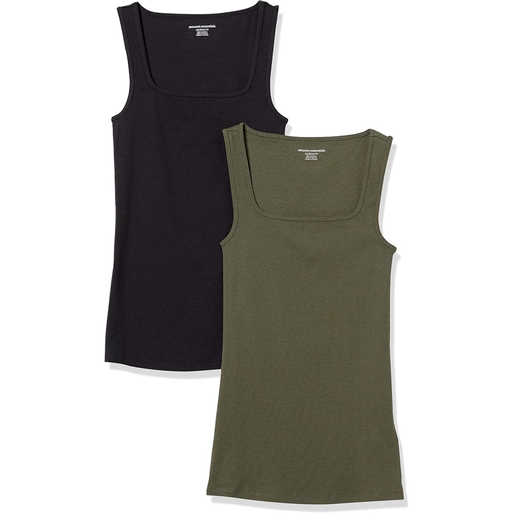 image:imageAmazon Essentials Womens Slim Fit Square Neck Ribbed Tank Tops with Stretch Pack of 2Dark OliveBlack