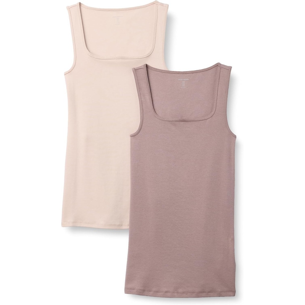 image:imageAmazon Essentials Womens Slim Fit Square Neck Ribbed Tank Tops with Stretch Pack of 2Light Beige Dark Taupe
