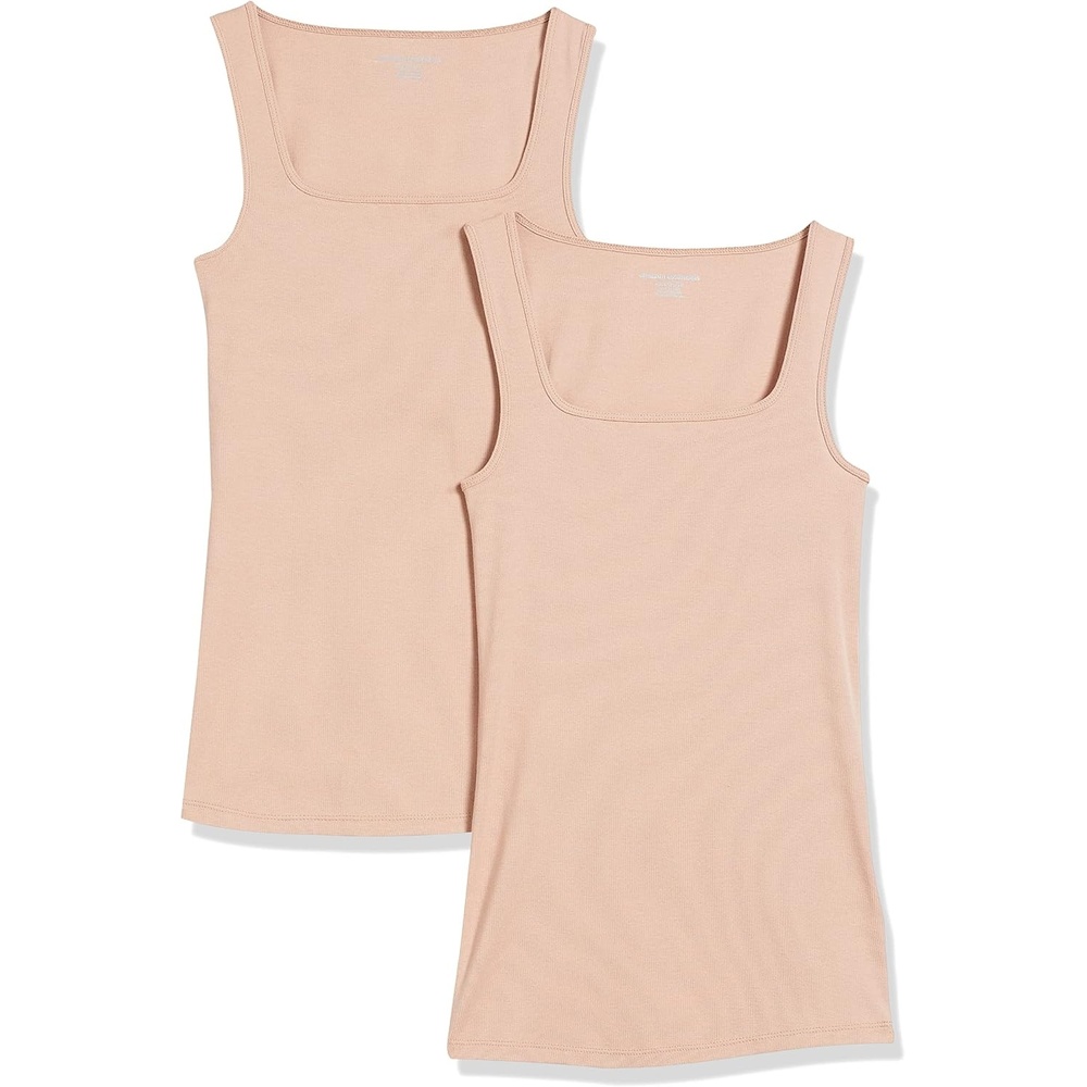 image:imageAmazon Essentials Womens Slim Fit Square Neck Ribbed Tank Tops with Stretch Pack of 2Medium BeigeMedium Beige