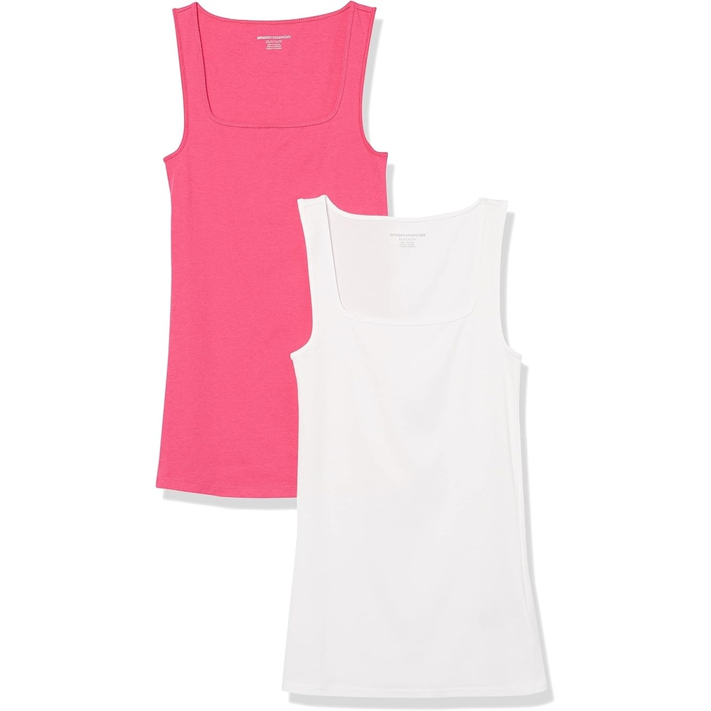 image:imageAmazon Essentials Womens Slim Fit Square Neck Ribbed Tank Tops with Stretch Pack of 2White Dark Pink