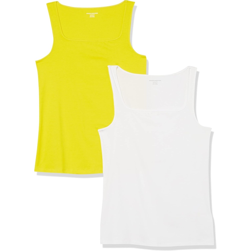 image:imageAmazon Essentials Womens Slim Fit Square Neck Ribbed Tank Tops with Stretch Pack of 2WhiteLemon Yellow