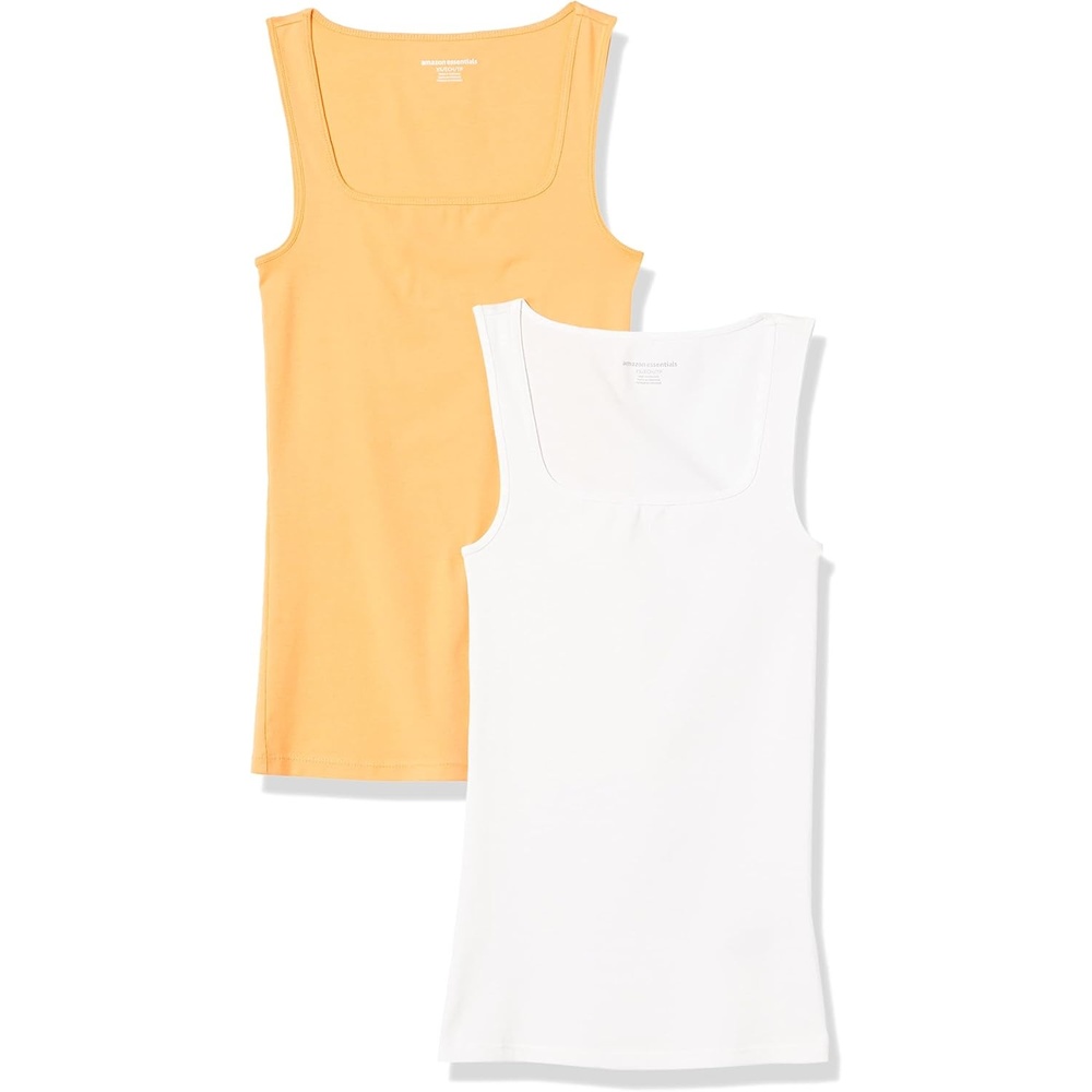 image:imageAmazon Essentials Womens Slim Fit Square Neck Ribbed Tank Tops with Stretch Pack of 2WhiteMelon Orange