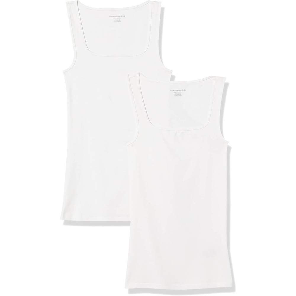 image:imageAmazon Essentials Womens Slim Fit Square Neck Ribbed Tank Tops with Stretch Pack of 2WhiteWhite
