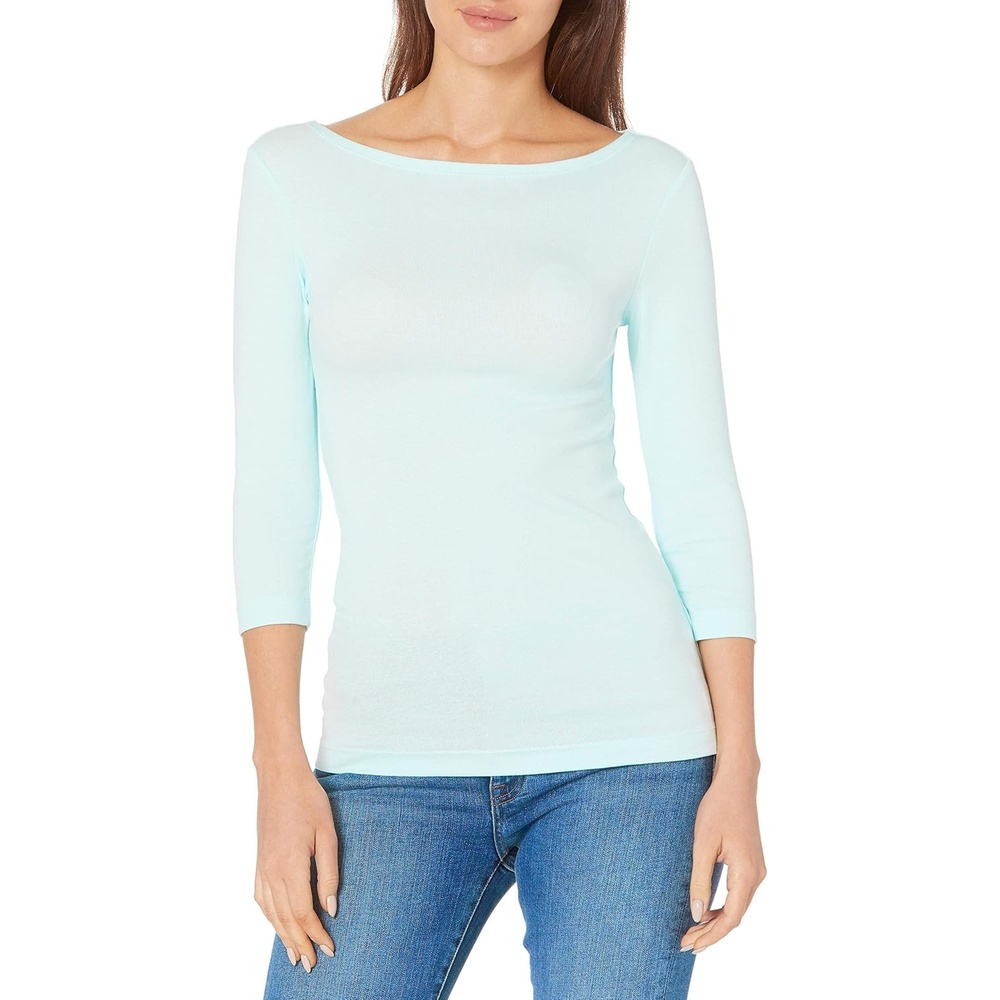 image:imageAmazon Essentials Womens SlimFit 34 Sleeve Boat Neck Tops Cotton Modal TShirtAqua Blue