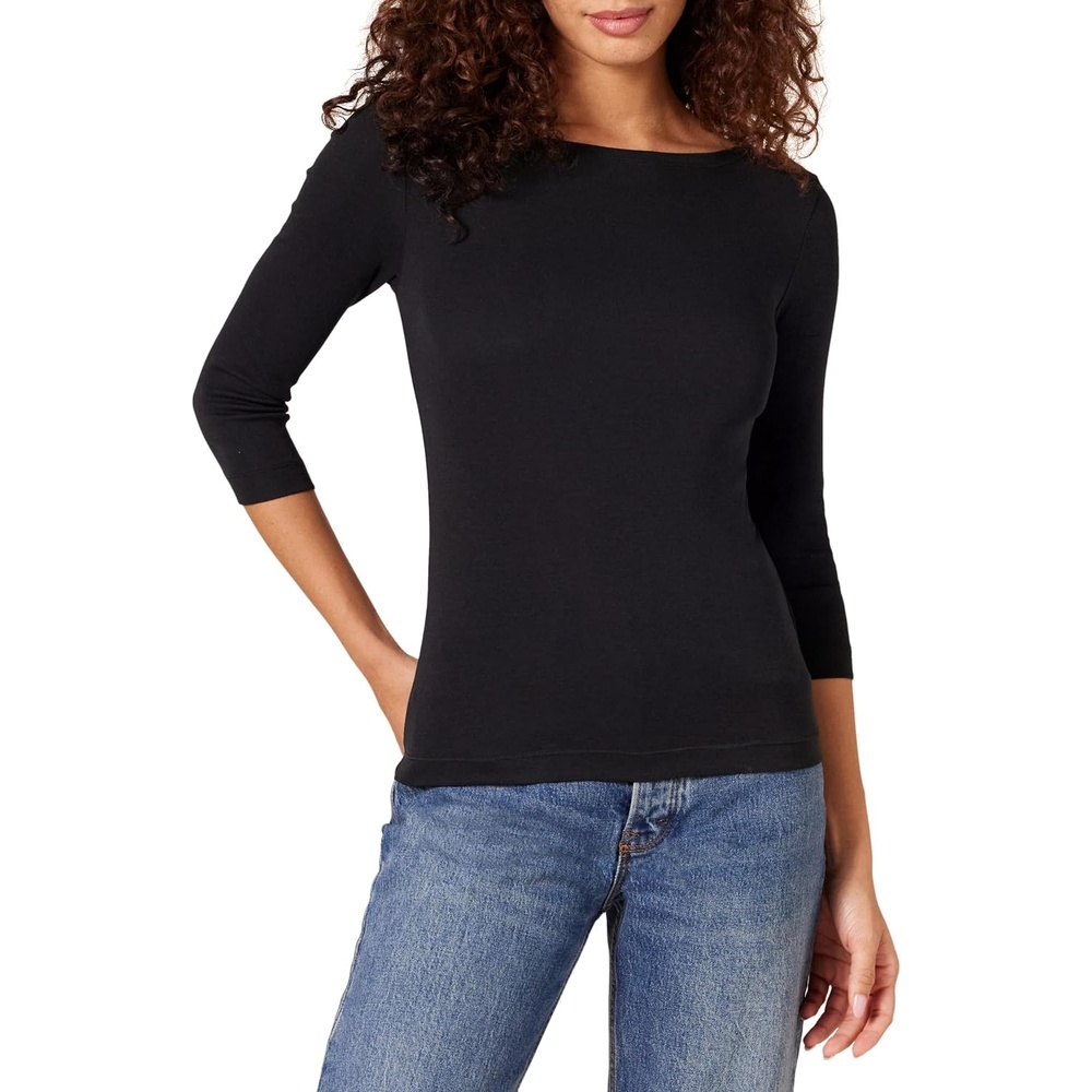 image:imageAmazon Essentials Womens SlimFit 34 Sleeve Boat Neck Tops Cotton Modal TShirtBlack