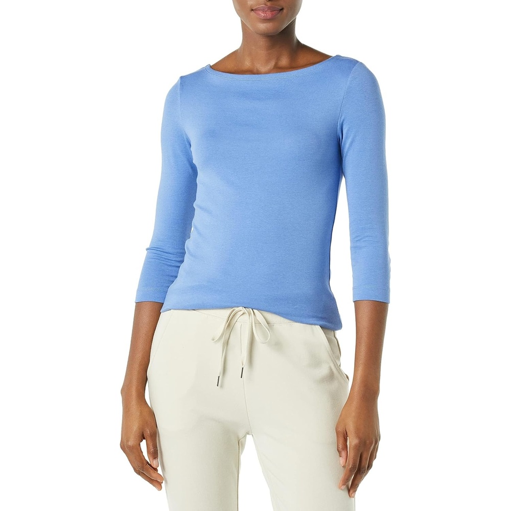 image:imageAmazon Essentials Womens SlimFit 34 Sleeve Boat Neck Tops Cotton Modal TShirtBlue