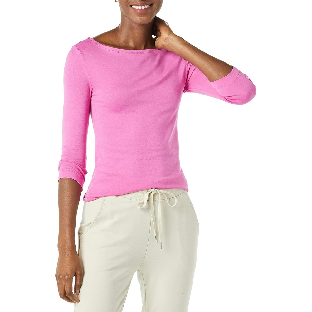 image:imageAmazon Essentials Womens SlimFit 34 Sleeve Boat Neck Tops Cotton Modal TShirtBright Pink