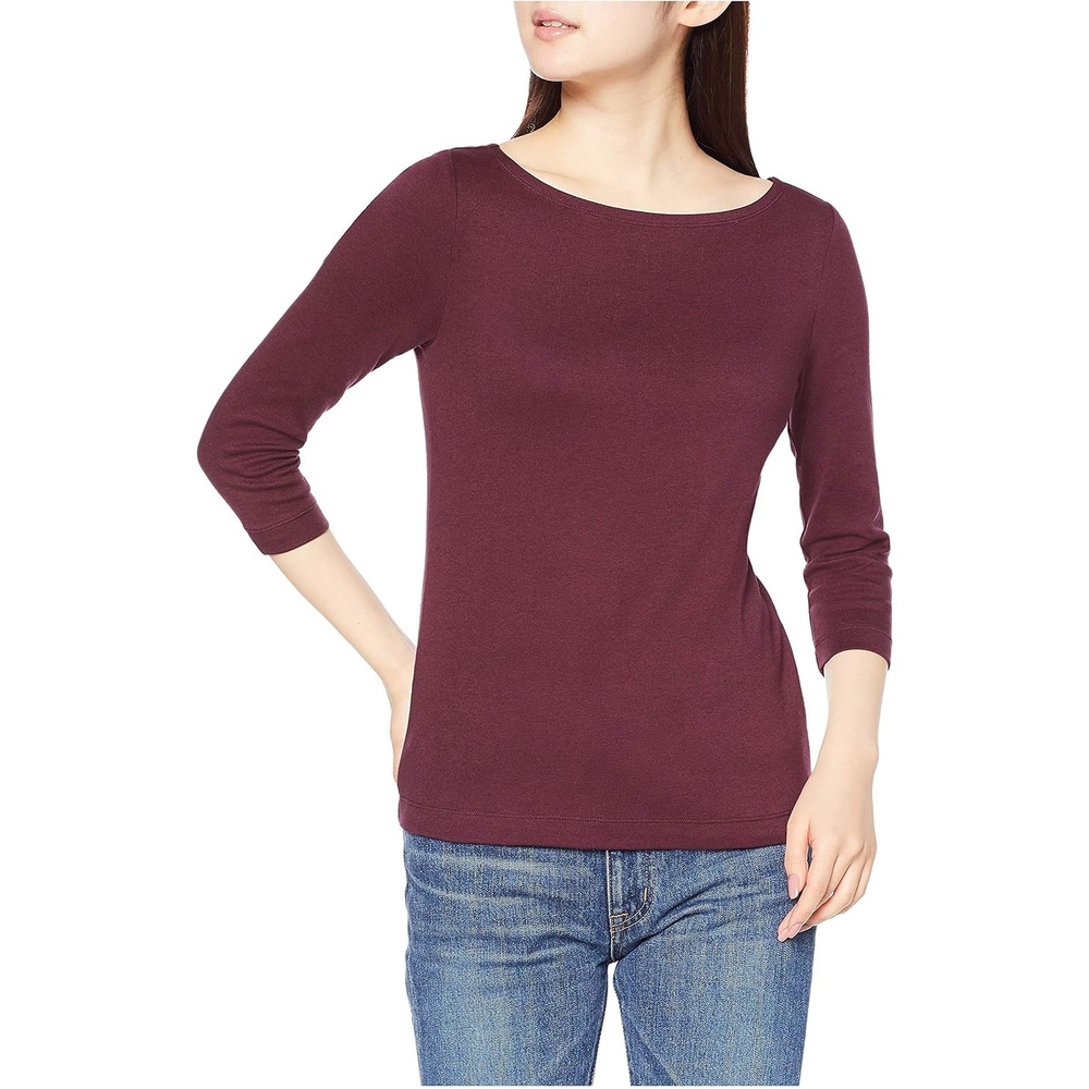 image:imageAmazon Essentials Womens SlimFit 34 Sleeve Boat Neck Tops Cotton Modal TShirtBurgundy