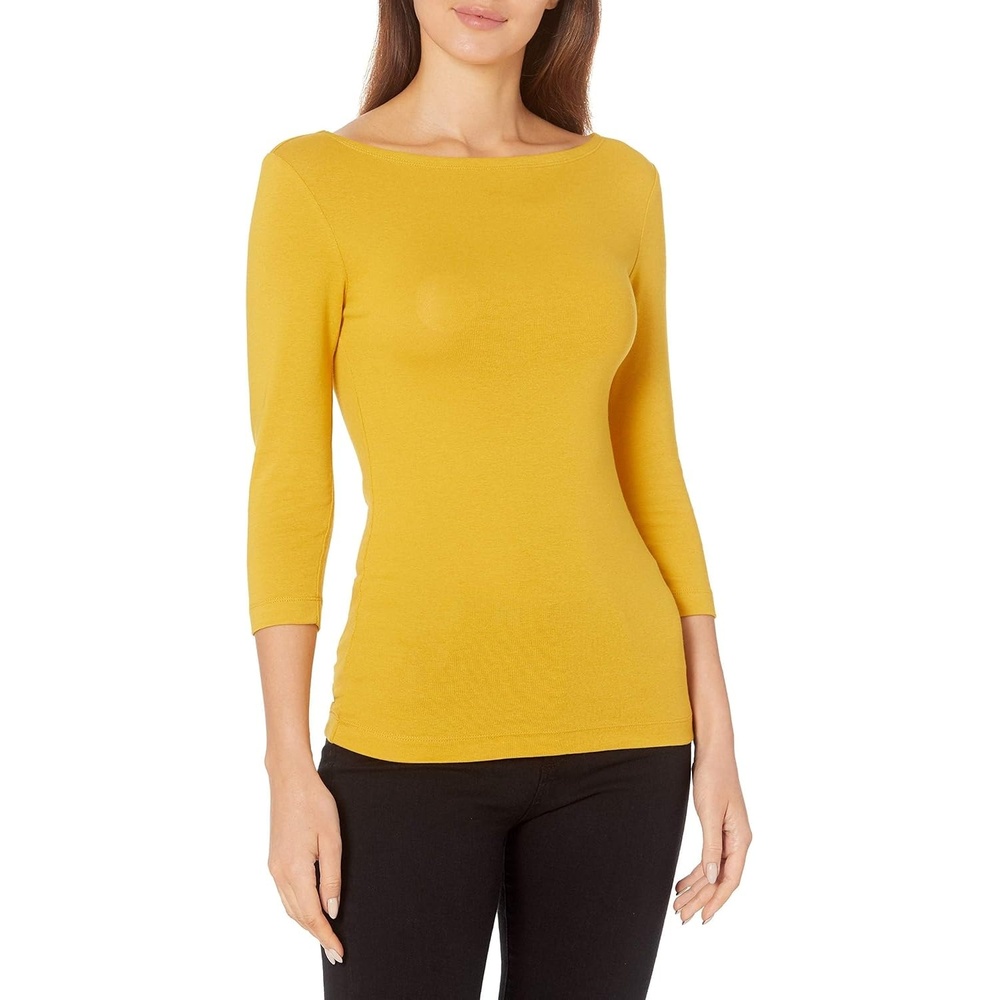 image:imageAmazon Essentials Womens SlimFit 34 Sleeve Boat Neck Tops Cotton Modal TShirtGold