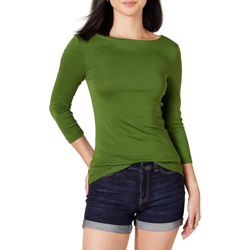 image:imageAmazon Essentials Womens SlimFit 34 Sleeve Boat Neck Tops Cotton Modal TShirtGreen