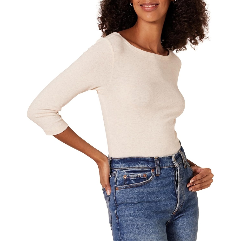 image:imageAmazon Essentials Womens SlimFit 34 Sleeve Boat Neck Tops Cotton Modal TShirtOatmeal Heather
