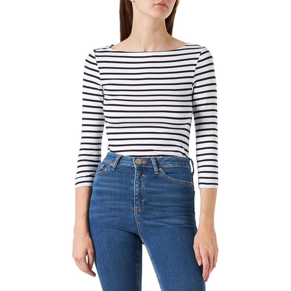image:imageAmazon Essentials Womens SlimFit 34 Sleeve Boat Neck Tops Cotton Modal TShirtWhite Stripe