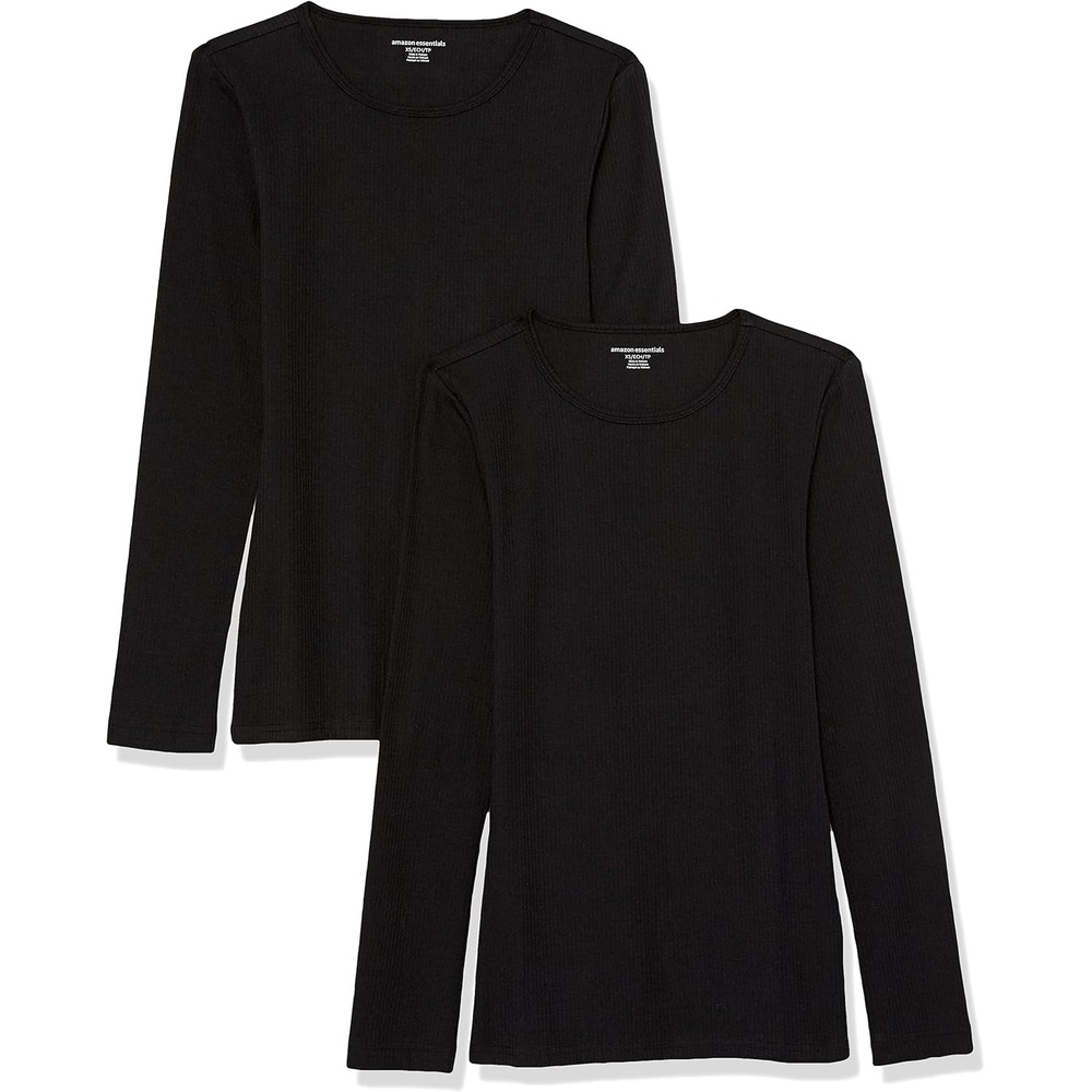 image:imageAmazon Essentials Womens SlimFit Long Sleeve Rib Knit Crew Neck Top Pack of 2Black