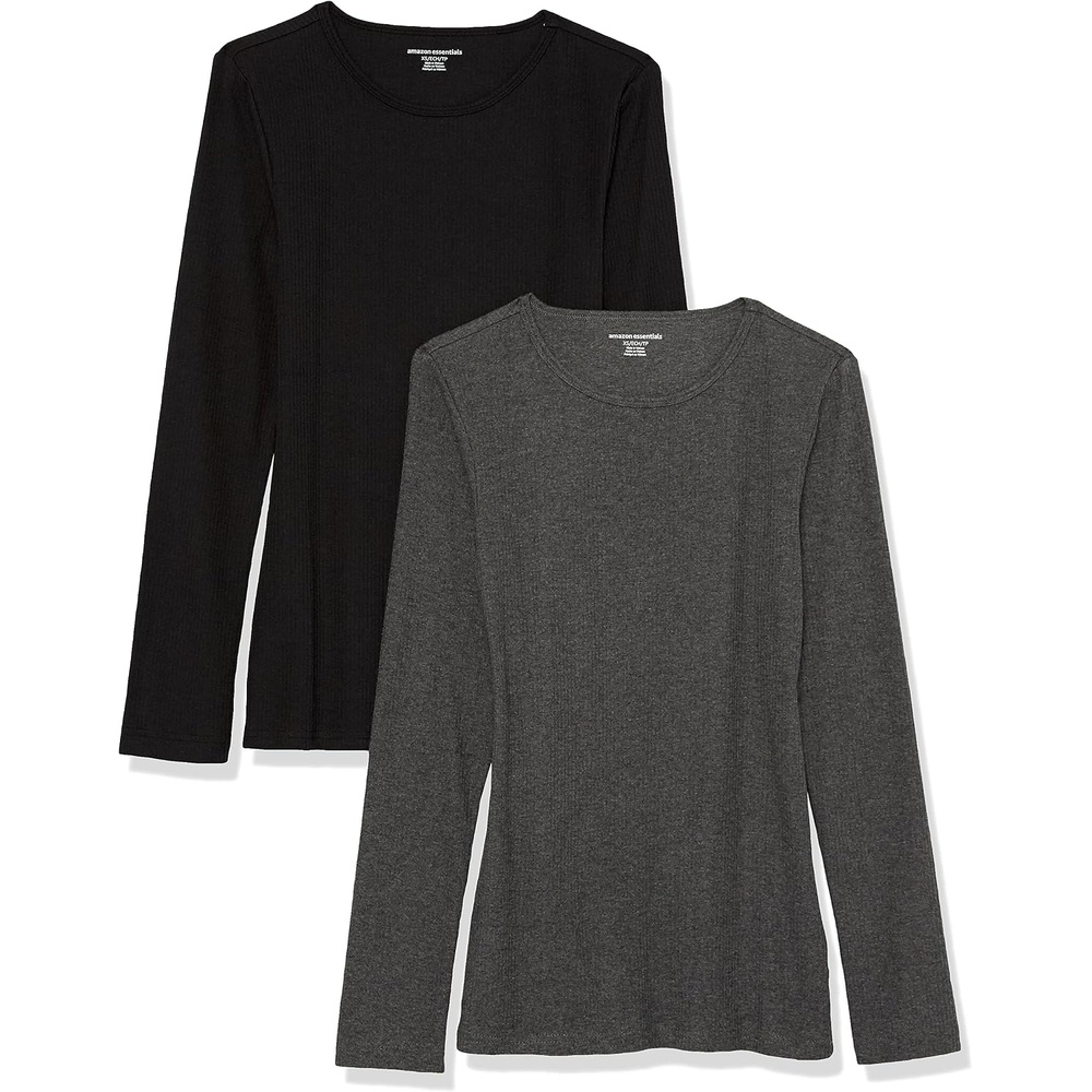 image:imageAmazon Essentials Womens SlimFit Long Sleeve Rib Knit Crew Neck Top Pack of 2BlackCharcoal Heather