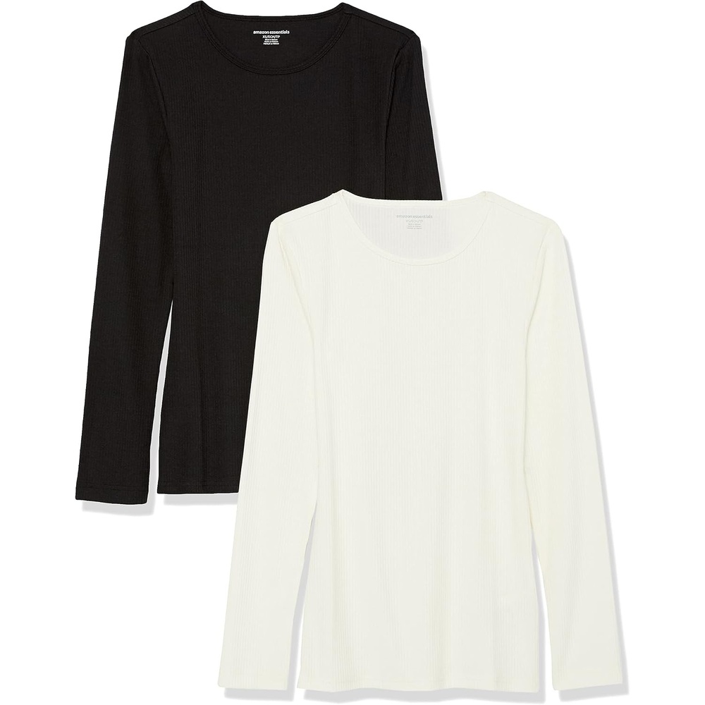 image:imageAmazon Essentials Womens SlimFit Long Sleeve Rib Knit Crew Neck Top Pack of 2Eggshell WhiteBlack