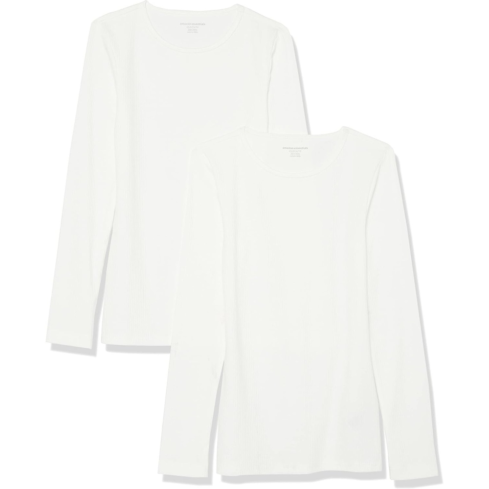 image:imageAmazon Essentials Womens SlimFit Long Sleeve Rib Knit Crew Neck Top Pack of 2White
