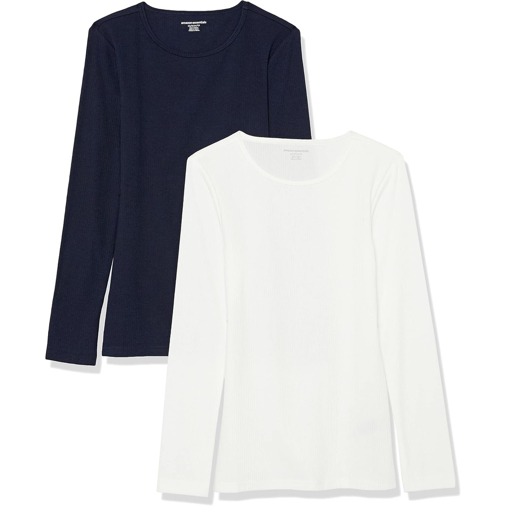 image:imageAmazon Essentials Womens SlimFit Long Sleeve Rib Knit Crew Neck Top Pack of 2WhiteNavy