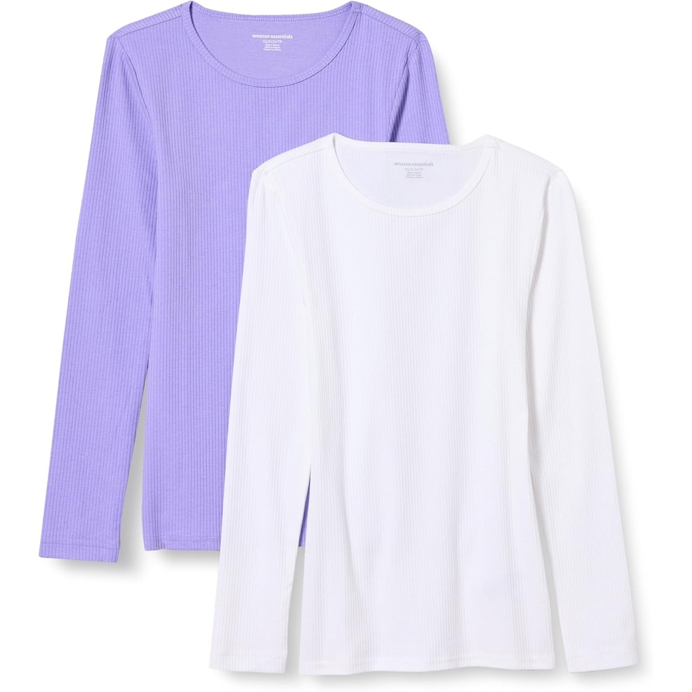 image:imageAmazon Essentials Womens SlimFit Long Sleeve Rib Knit Crew Neck Top Pack of 2WhitePurple