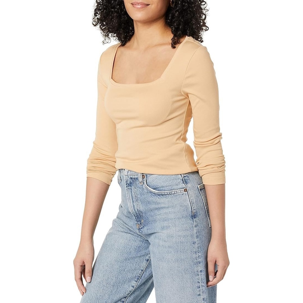 image:imageAmazon Essentials Womens SlimFit Long Sleeve Square Neck TShirt Stretchy Cotton ModalLight Camel