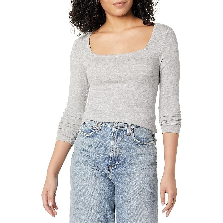 image:imageAmazon Essentials Womens SlimFit Long Sleeve Square Neck TShirt Stretchy Cotton ModalLight Grey Heather