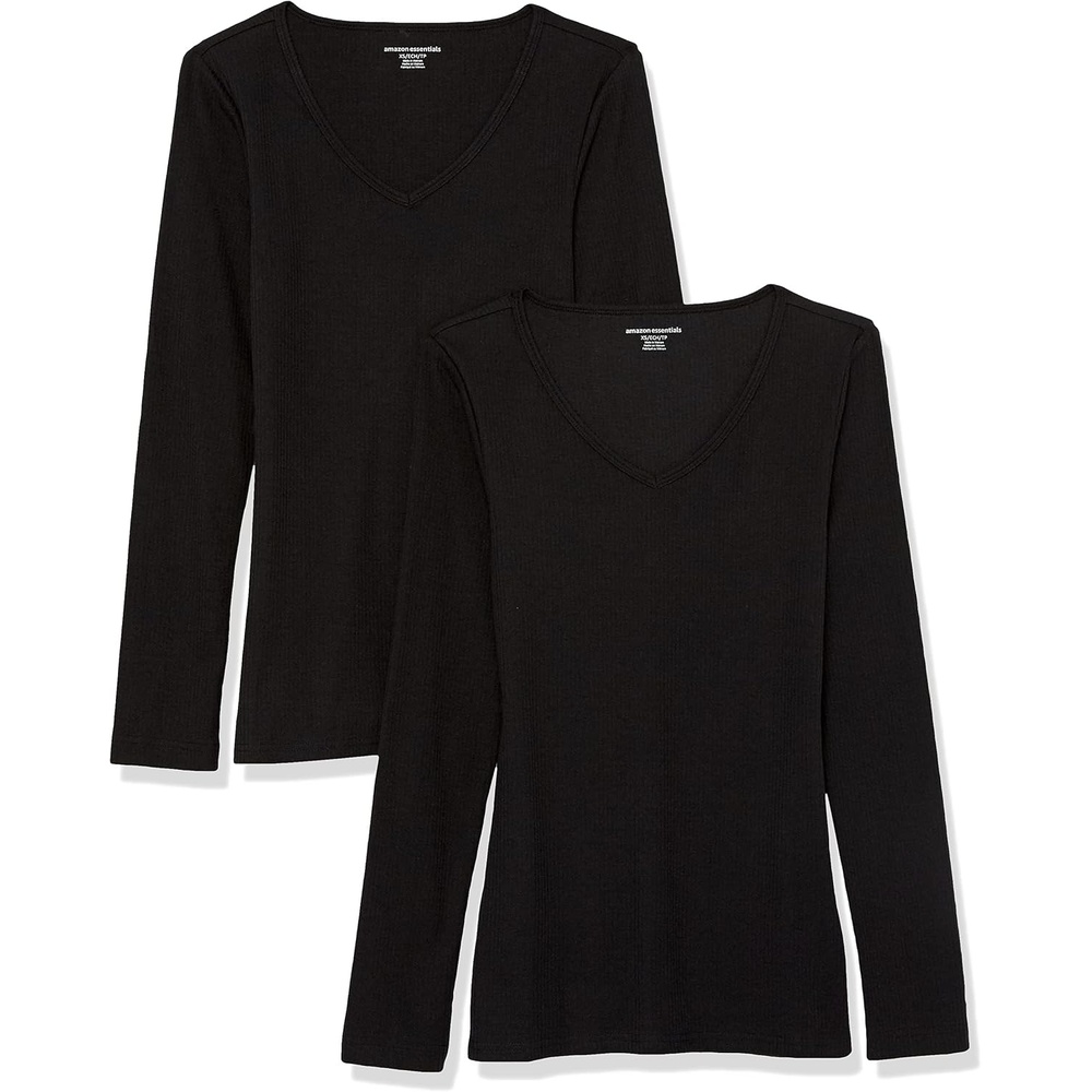 image:imageAmazon Essentials Womens SlimFit Long Sleeve VNeck Knit Rib Shirts Available in Plus Size Pack of 2Black