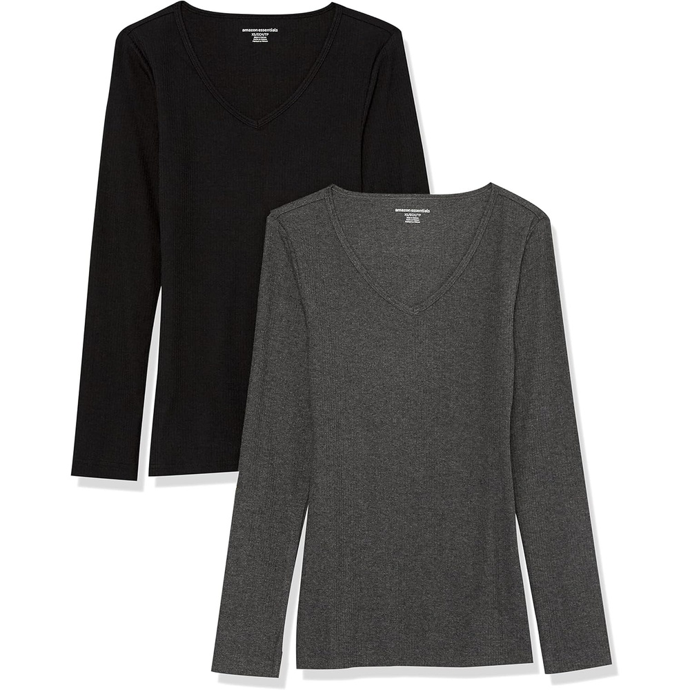 image:imageAmazon Essentials Womens SlimFit Long Sleeve VNeck Knit Rib Shirts Available in Plus Size Pack of 2BlackCharcoal Heather
