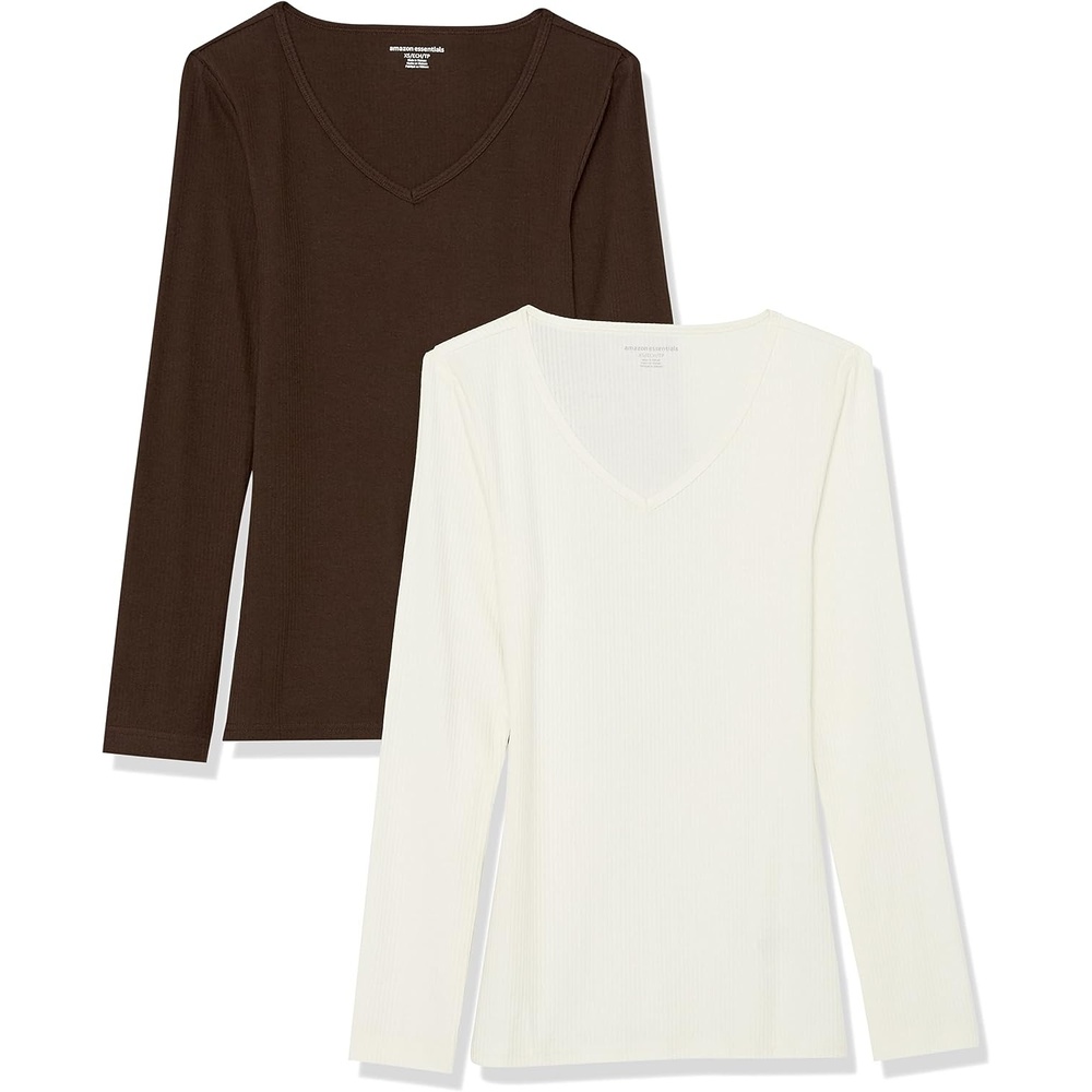 image:imageAmazon Essentials Womens SlimFit Long Sleeve VNeck Knit Rib Shirts Available in Plus Size Pack of 2Eggshell WhiteEspresso