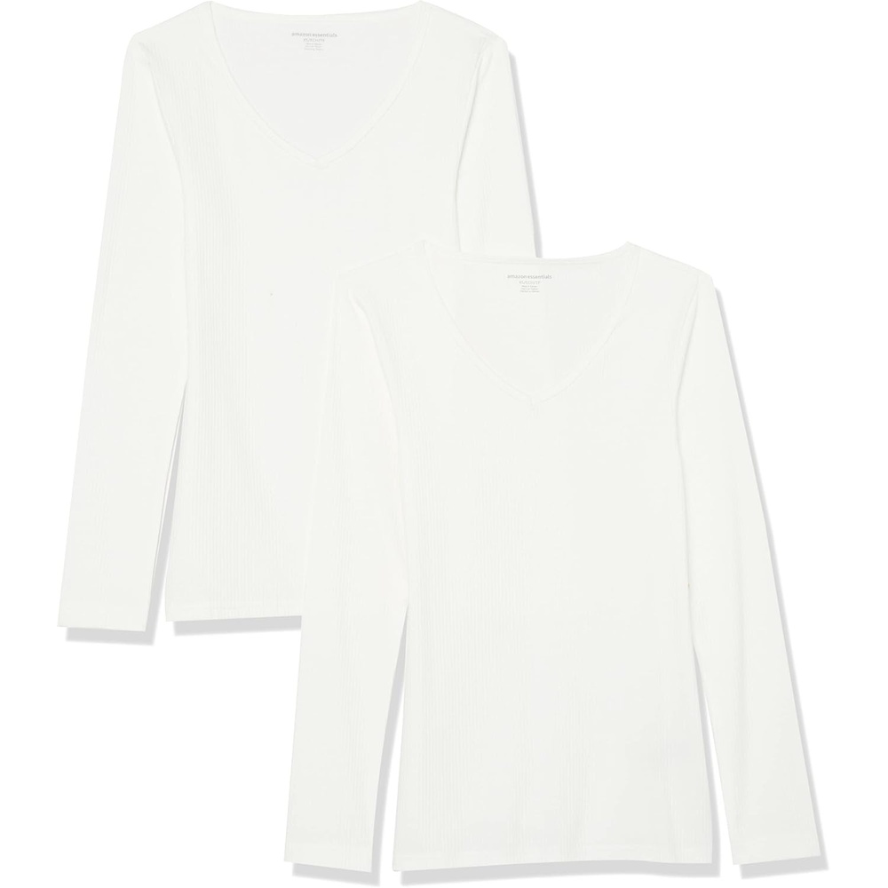 image:imageAmazon Essentials Womens SlimFit Long Sleeve VNeck Knit Rib Shirts Available in Plus Size Pack of 2White
