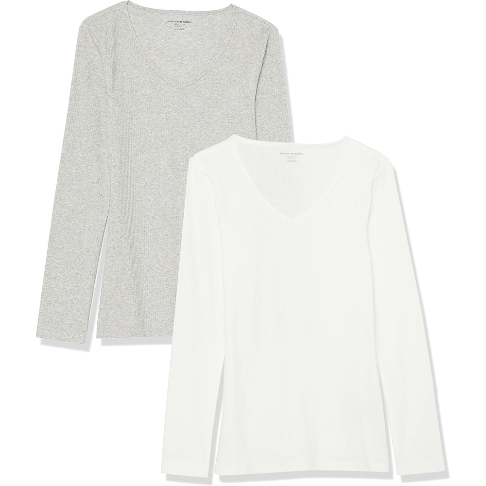 image:imageAmazon Essentials Womens SlimFit Long Sleeve VNeck Knit Rib Shirts Available in Plus Size Pack of 2WhiteGrey
