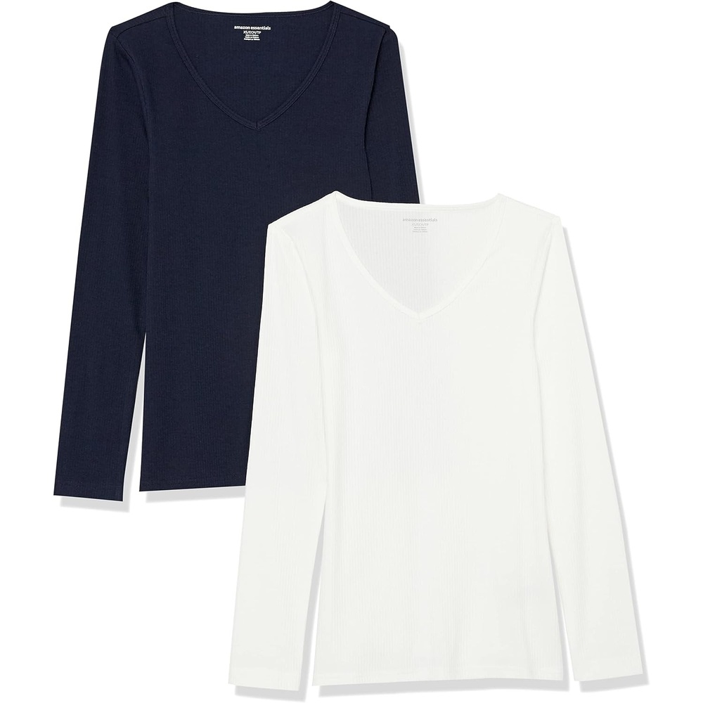 image:imageAmazon Essentials Womens SlimFit Long Sleeve VNeck Knit Rib Shirts Available in Plus Size Pack of 2WhiteNavy
