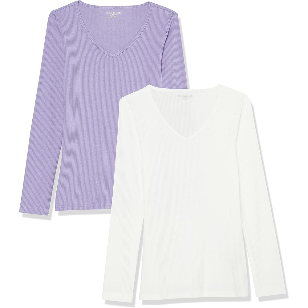 image:imageAmazon Essentials Womens SlimFit Long Sleeve VNeck Knit Rib Shirts Available in Plus Size Pack of 2WhitePurple