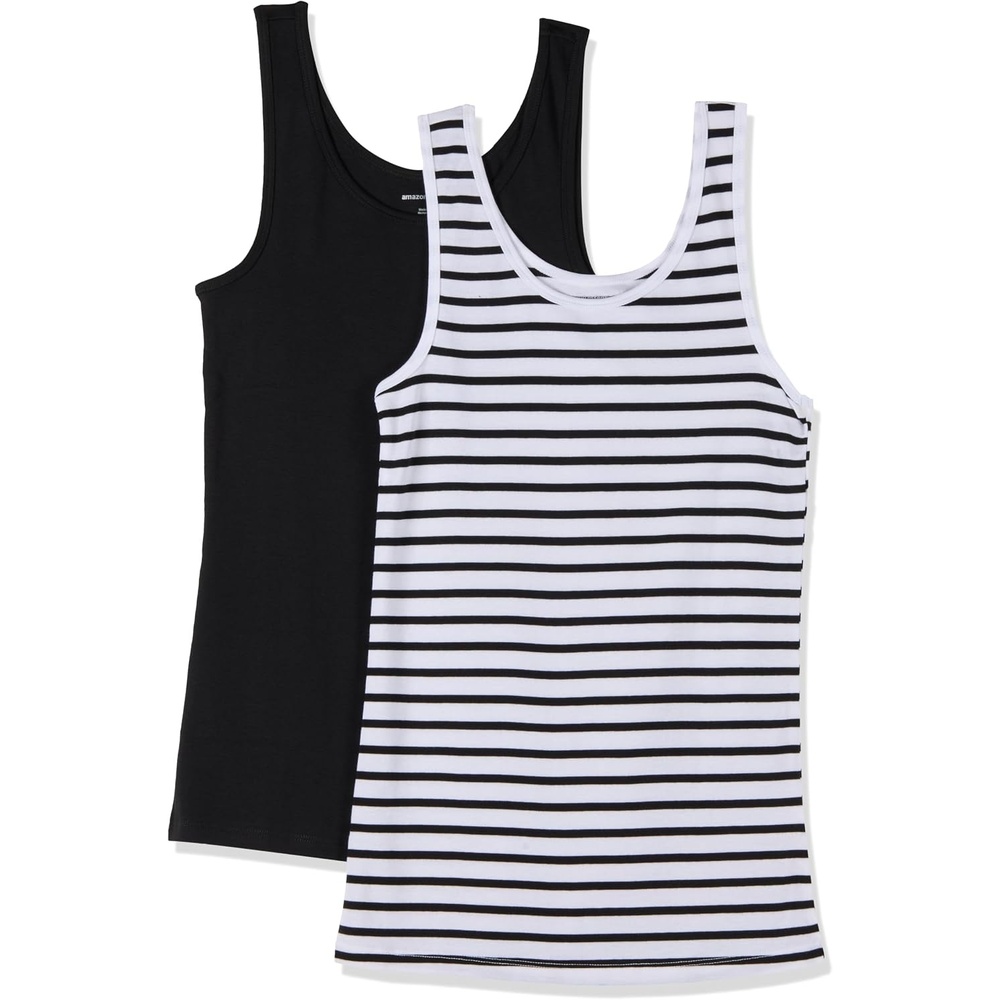 image:imageAmazon Essentials Womens SlimFit Ribbed Scoop Neck Tank Tops Pack of 2BlackWhite Stripe