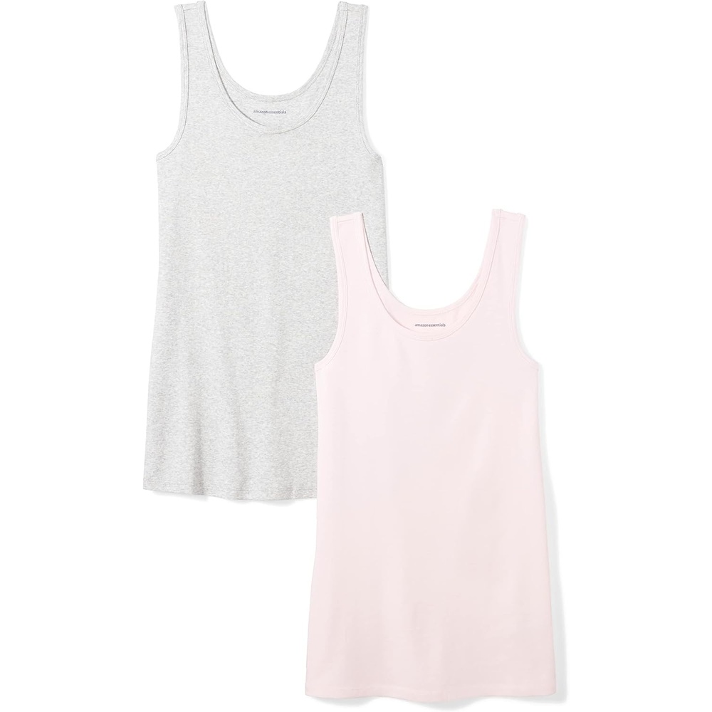 image:imageAmazon Essentials Womens SlimFit Ribbed Scoop Neck Tank Tops Pack of 2Light Grey HeatherLight Pink