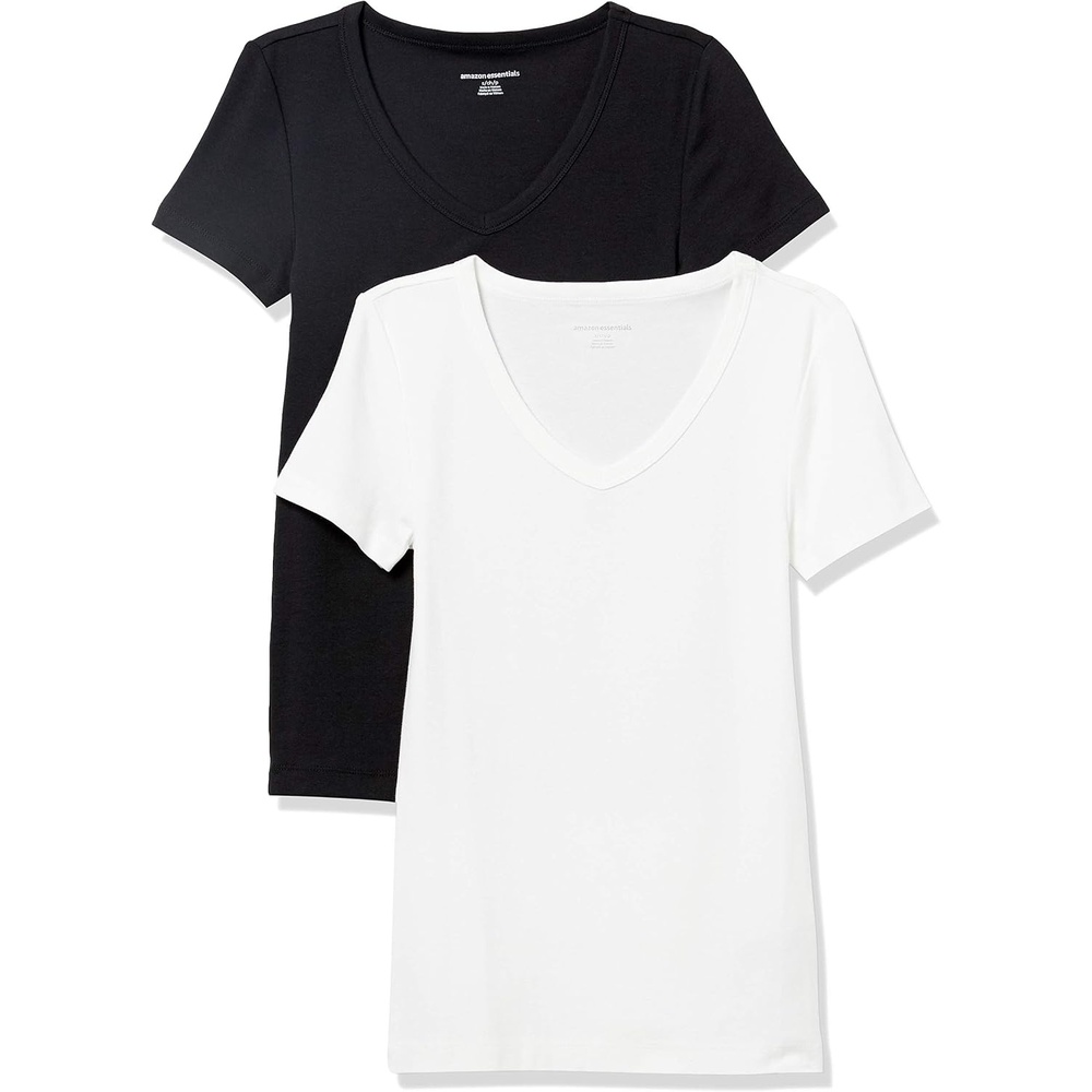 image:imageAmazon Essentials Womens SlimFit ShortSleeve VNeck TShirt Pack of 2BlackWhite