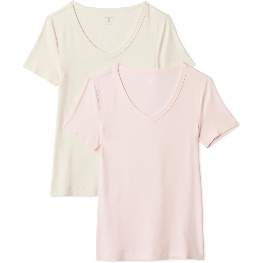 image:imageAmazon Essentials Womens SlimFit ShortSleeve VNeck TShirt Pack of 2Oatmeal HeatherLight Pink