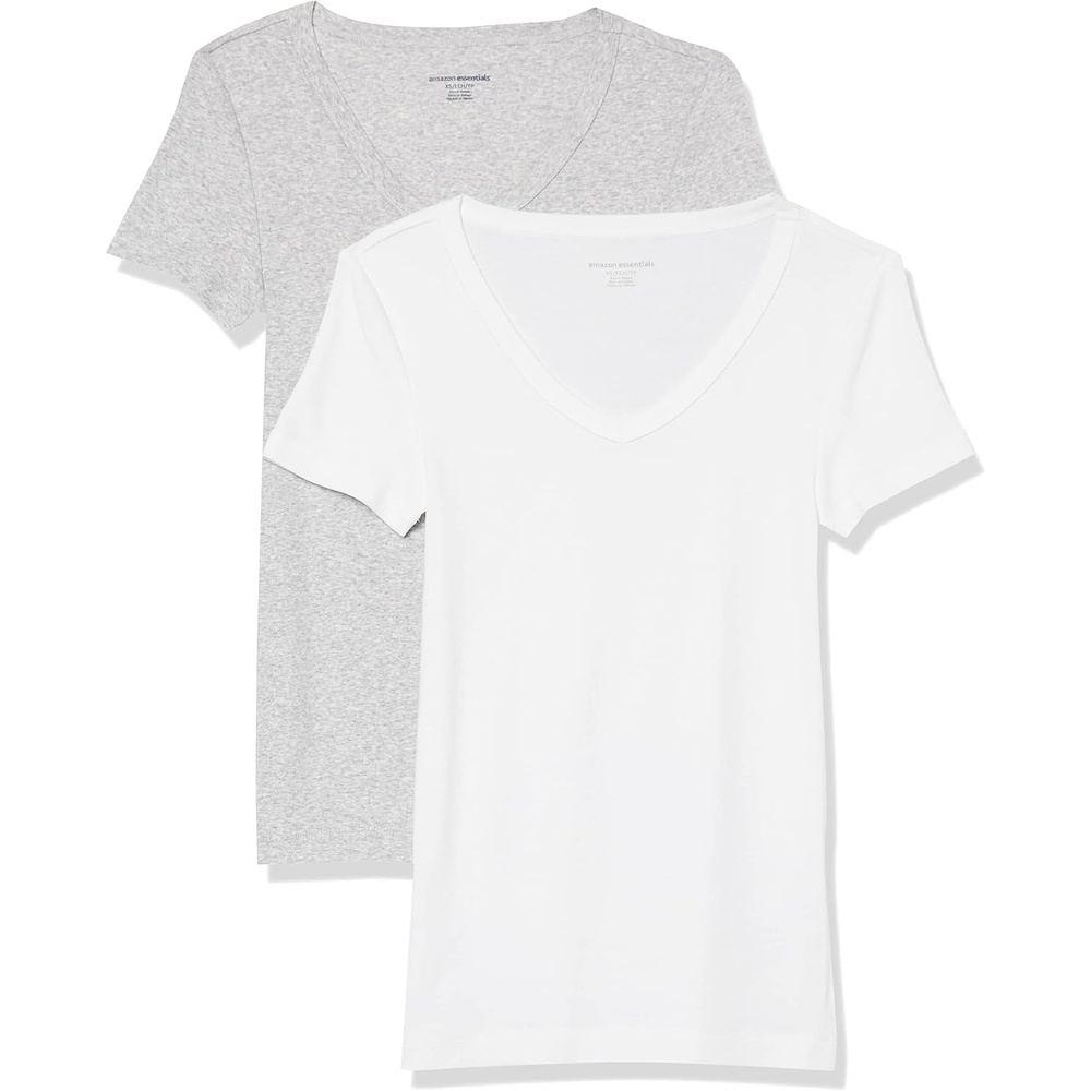image:imageAmazon Essentials Womens SlimFit ShortSleeve VNeck TShirt Pack of 2WhiteLight Heather Grey