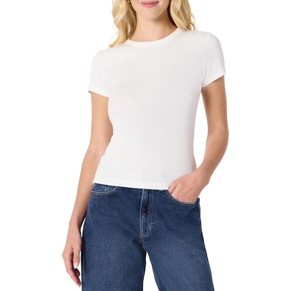 image:imageAmazon Essentials Womens SlimFit Stretch Rib Short Cap Sleeve Crewneck TopWhite