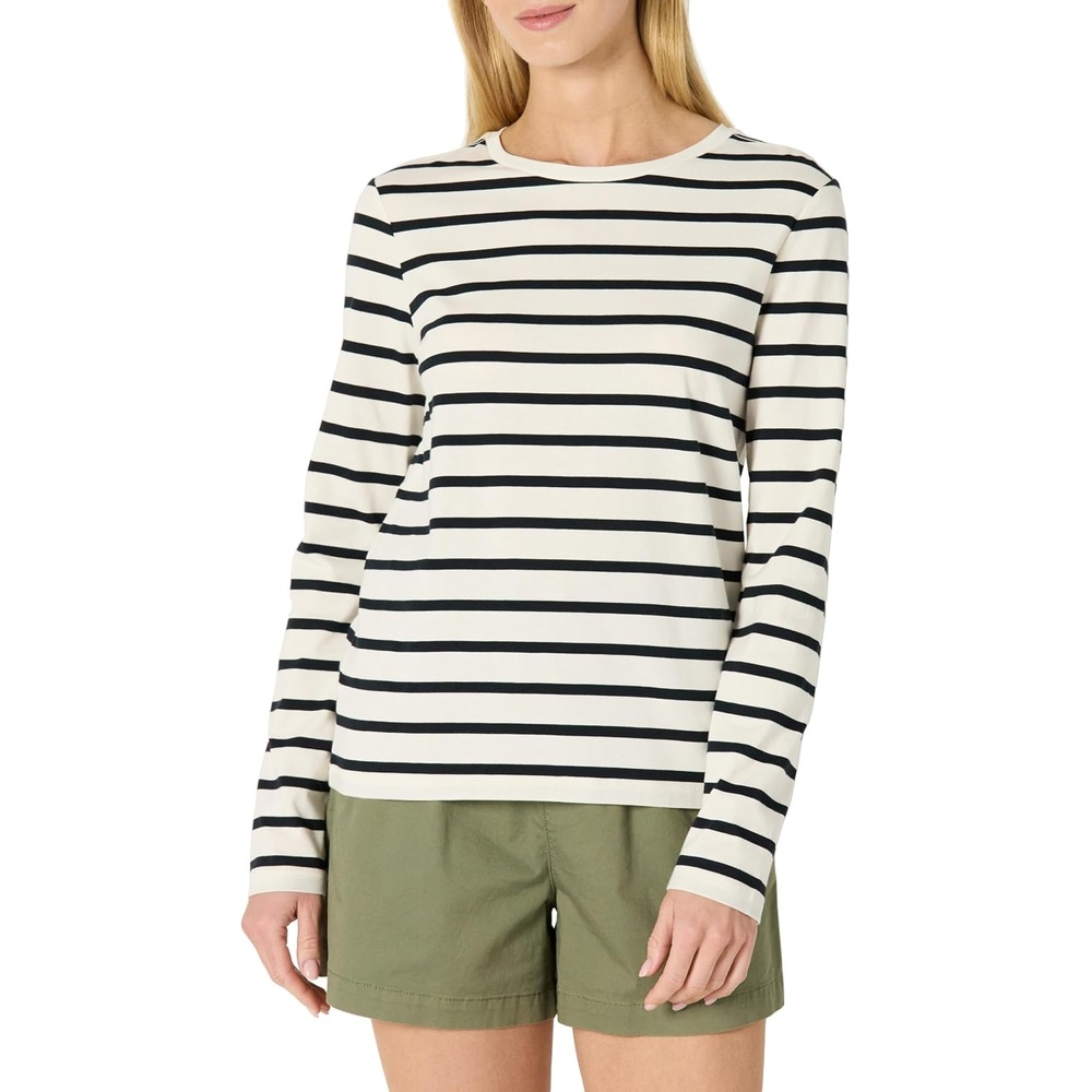 image:imageAmazon Essentials Womens Soft 100 Cotton RegularFit LongSleeve Crewneck TShirtEggshell White Black Mariner Stripe