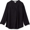 Amazon Essentials Women’s 3/4 Sleeve Button Popover Shirt, Loose-Fit V-Neck Blouse, Lightweight(Black)