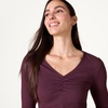 Amazon Essentials Women’s Cinched V-Neck Long Sleeve Slim-Fit Rib-Knit Stretchy T-Shirt, Pack of 2(Burgundy/Eggshell White)