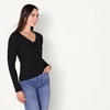 Amazon Essentials Women’s Cinched V-Neck Long Sleeve Slim-Fit Rib-Knit Stretchy T-Shirt, Pack of 2(Grey/Black)
