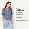 Amazon Essentials Women’s Cotton Sateen Relaxed-Fit Peplum Blouse(Navy Powder Blue Leafy Ditsy)
