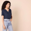 Amazon Essentials Women’s Relaxed-Fit Short-Sleeve V Neck Button-Front Woven Blouse, Business Casual Work Blouse(Navy)
