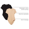 Amazon Essentials Women’s Short Sleeve Crew Neck Stretch Cotton Jersey Slim-Fit T-Shirt Bodysuit, Pack of 2(Black/Light Camel)