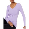 Amazon Essentials Women’s Slim-Fit Long Sleeve V-Neck Knit Rib Shirts (Available in Plus Size), Pack of 2(White/Purple)