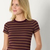 Amazon Essentials Women’s Slim-Fit Stretch Rib Short Cap Sleeve Crewneck Top(Burgundy Brown Stripe)