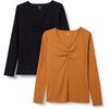 Amazon Essentials Women’s Cinched V-Neck Long Sleeve Slim-Fit Rib-Knit Stretchy T-Shirt, Pack of 2(Black/Caramel)