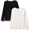 Amazon Essentials Women’s Cinched V-Neck Long Sleeve Slim-Fit Rib-Knit Stretchy T-Shirt, Pack of 2(Black/Eggshell White)